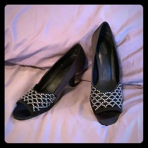 Peep Toe Bling Satin and Suede Heels